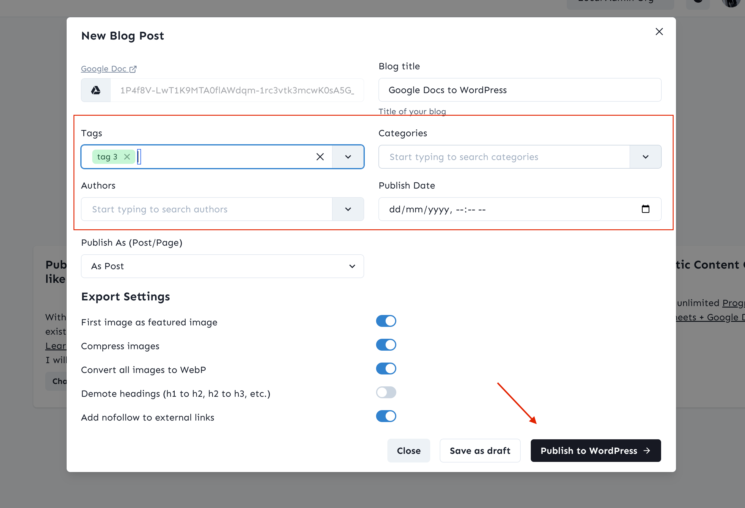 Docswrite Publish Options